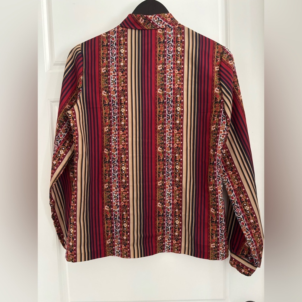 Vintage 70’s Blouse Ditsy Floral Stripes Tie Neck Pussybow Red Cream Navy S​​ - Picture 8 of 9
